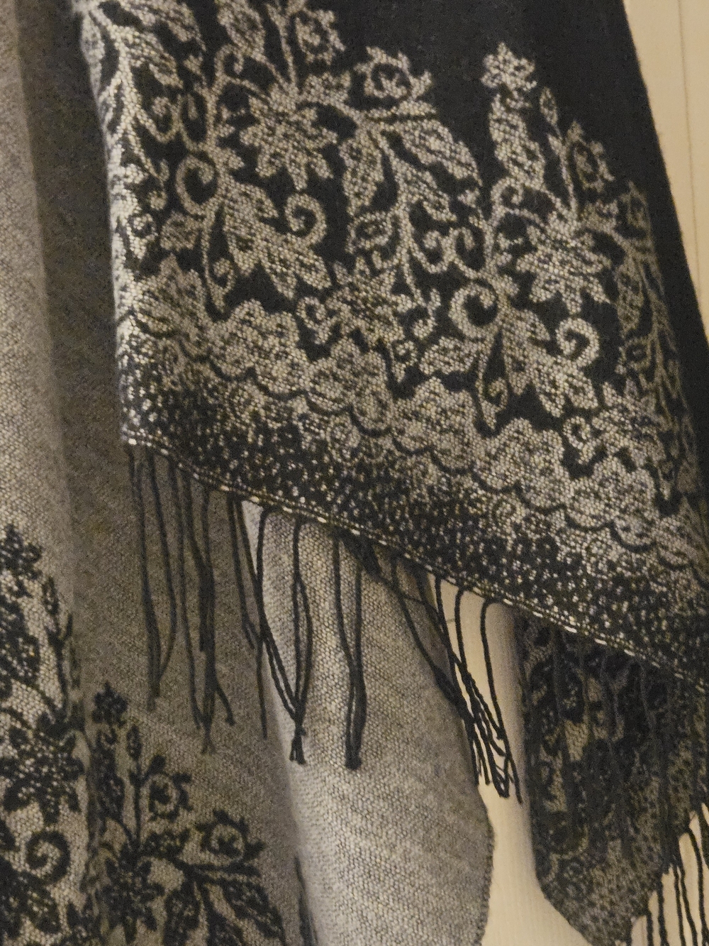 Black Grey Versatile Floral-Trim Open Shawl Poncho Cape with Boho Hippie Fringe - Picture 4 of 11